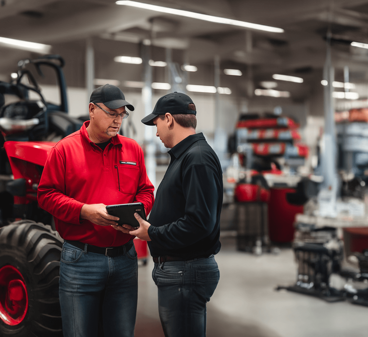 Two men working in a tractor dealership are talking with each other while holding onto a tablet.